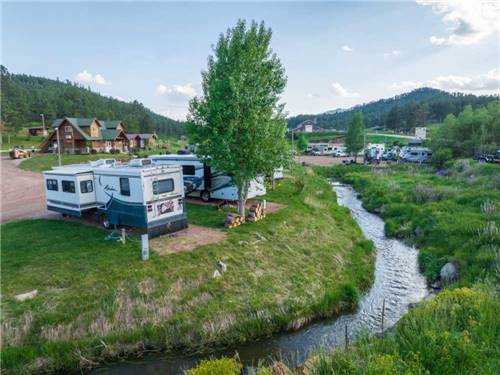 Trailers and motorhomes backed in at BLACK HILLS TRAILSIDE PARK RESORT