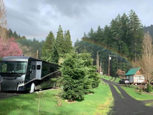 Parked RV at site Umpqua's Last Resort Wilderness RV Park & Campground