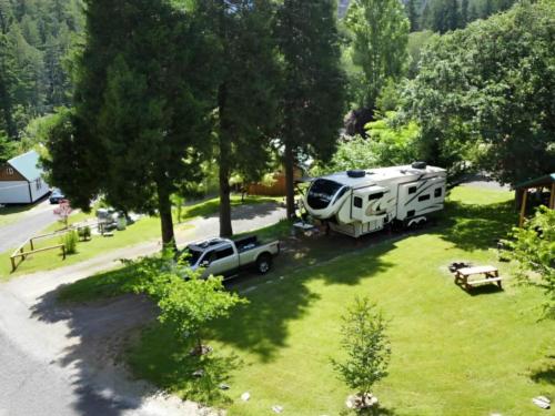 Parked RV at site Umpqua's Last Resort Wilderness RV Park & Campground