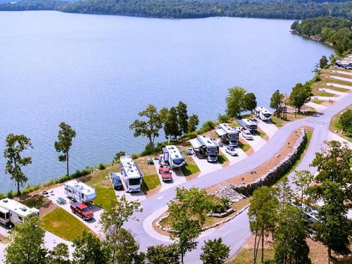 Parker trailer's next to lake at Elm Hill RV Resort