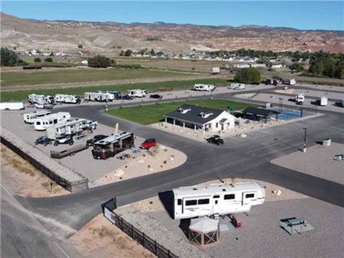 Overhead view of RVs and campsite at VENTURE RV PARK