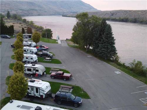 An aerial view of the pull thru RV sites by the water at BRIDGEPORT MARINA RV PARK