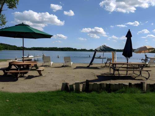 Beach area with tables and chairs
