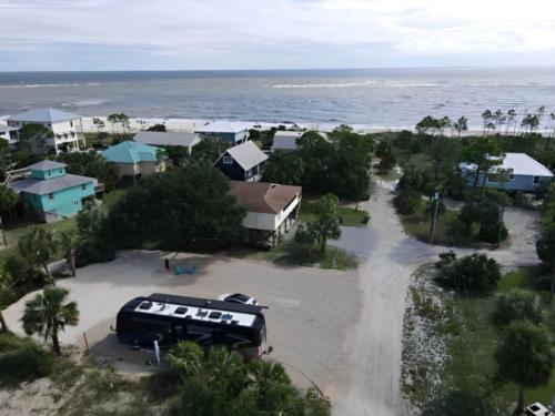 Aerial view of the RV site by the ocean