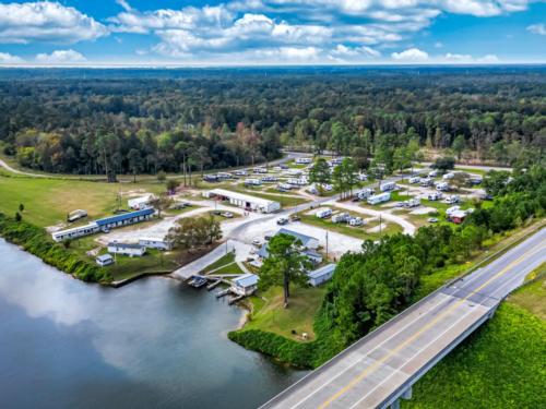 Ariel view of park and marina at Hill's Landing & RV Park