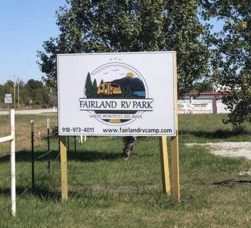 Front entrance sign at Fairland RV Camp