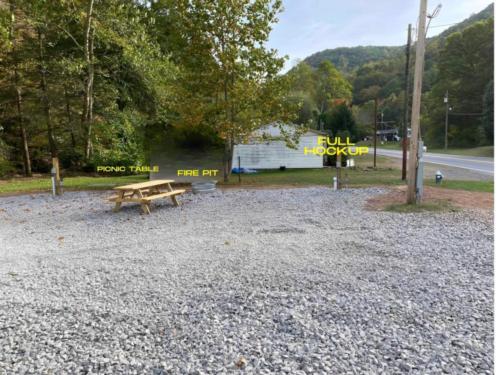 A gravel RV site with picnic table