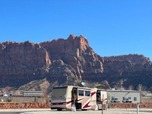 RV in front of mountains at Water Canyon RV Park