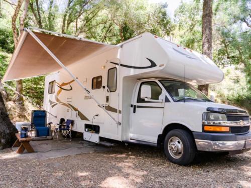 Parked RV at site Blue Lakes Village RV Park