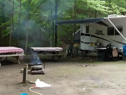 RV with picnic tables and fire pit