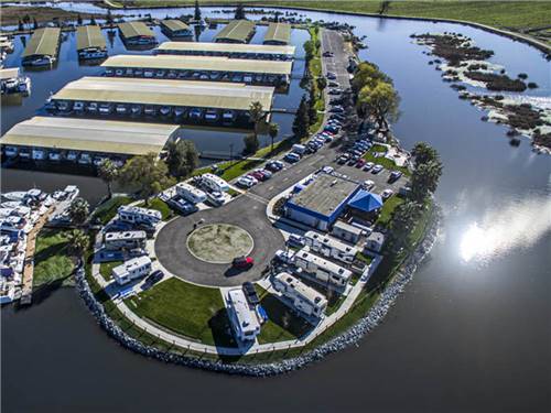 Aerial view of the park and covered boat slips at Village West Marina & Resort