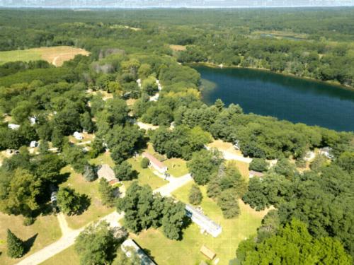 Aerial view of the park and lake at Deep Lake Campground