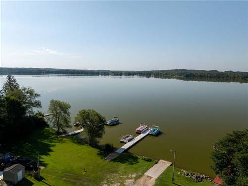 Boats docked on the lake