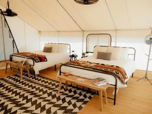 Beds inside tent at site Timberline Glamping at Lake Guntersville