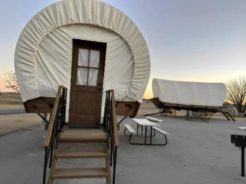 Close up of covered wagon at Orr Family Farm