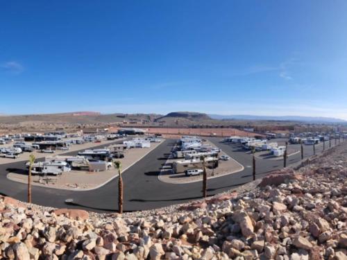 Parked RV's and trailer's at site Settlers Point Luxury RV Resort