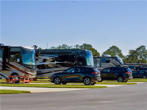 Row of Class A motorhomes at Camp Wicksburg Tiny Cabins and RV Resort