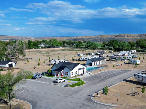 Aerial view of office and RV sites at Nine Mile RV Resort