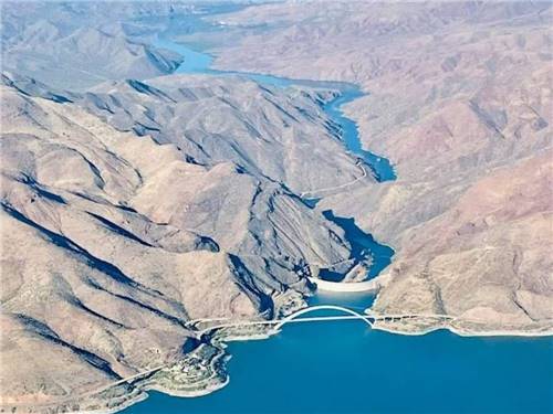 Aerial view of dam and bridge