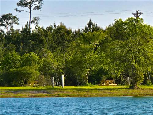 Picnic tables by the lake