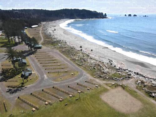 Aerial view of RV sites by the beach at Quileute Oceanside Resort
