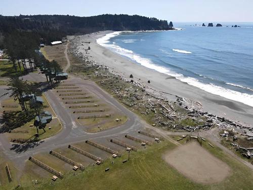 Aerial view of RV sites by the beach at Quileute Oceanside Resort