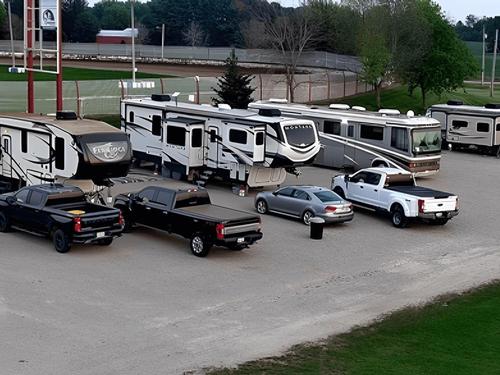 RVs and autos parked at Fairgrounds RV Park - WI