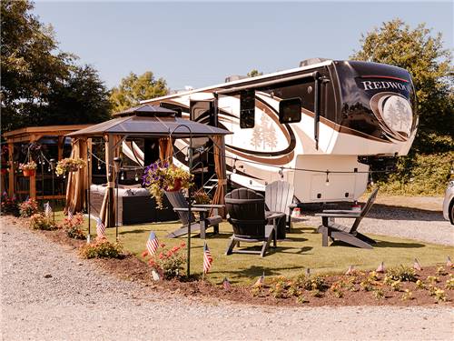 A RV site with fire pit and pergola