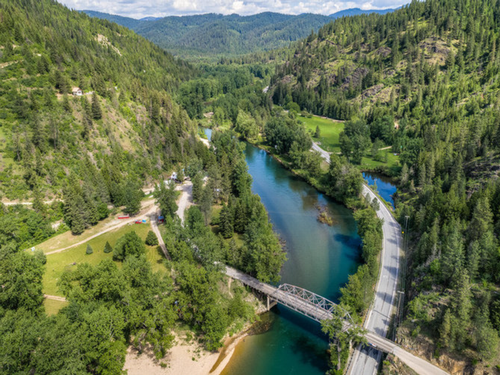 Aerial view of river and campground