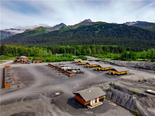 Aerial view of cabins and full hookup sites