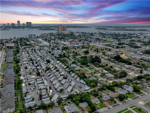 Aerial view of the park and bay at dusk