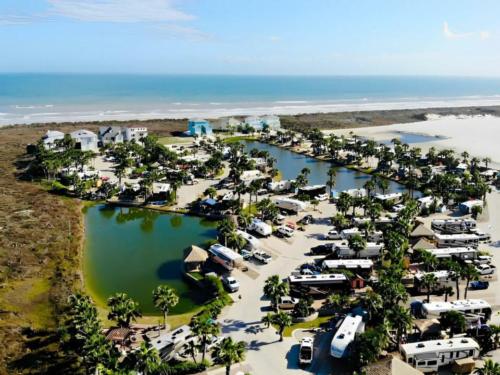 Aerial view of sites and grounds at Gulf Waters Beach Front RV Resort