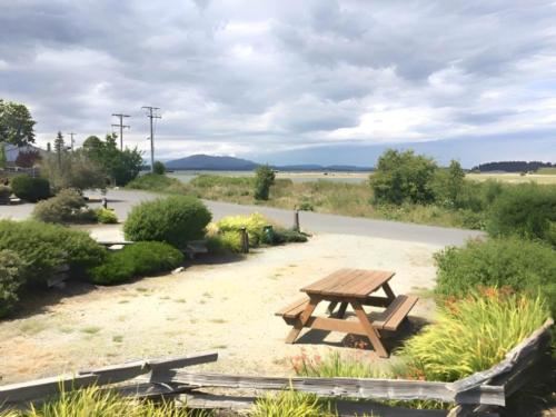 RV site with landscaping and a table