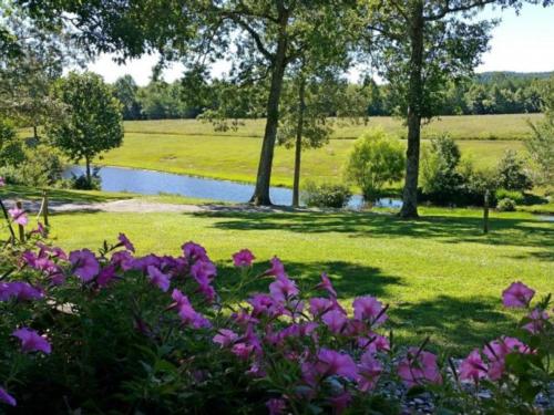 Flowers and trees near the water at MOUNTAIN GLEN RV PARK & CAMPGROUND