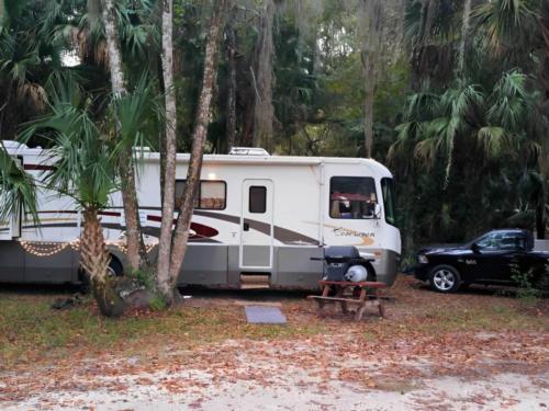 RV in tree lined site