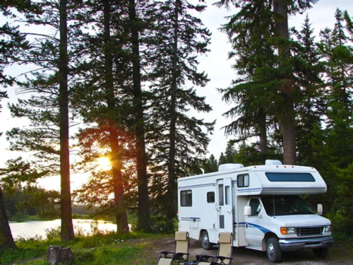 RV in grassy site at Big Mineral Resort, Marina and Campground