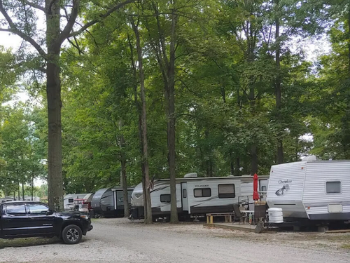 Trailers parked at site at Ridge Ranch Campground