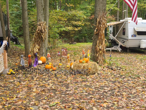 Campsite decorated with pumpkins for Halloween at Pope Haven Campground
