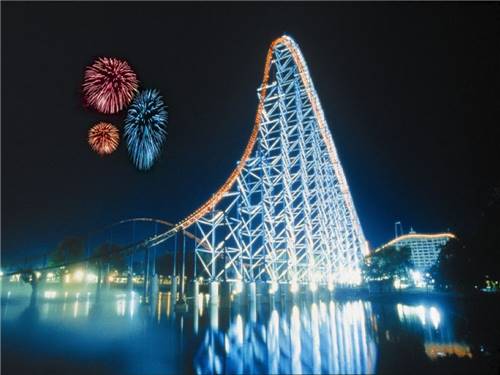 The amusement park at night with fireworks
