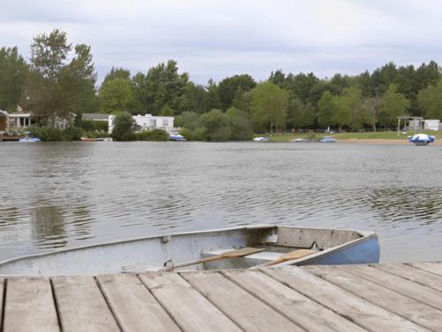 A rowboat on a lake