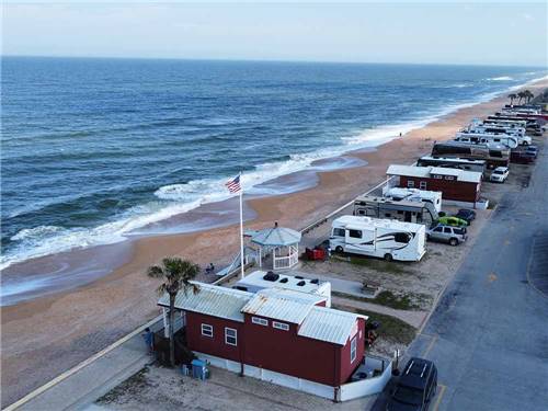 A row of RVs along the beach at BEVERLY BEACH CAMPTOWN RV RESORT