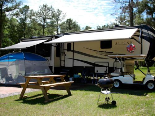 An RV parked in a site
