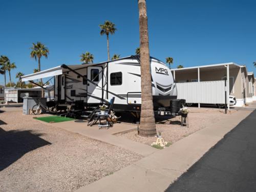 An RV parked in a site