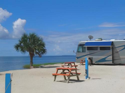 An RV parked by the beach
