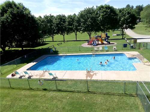 An overhead view of the pool and playground at PAUL BUNYAN CAMPGROUND