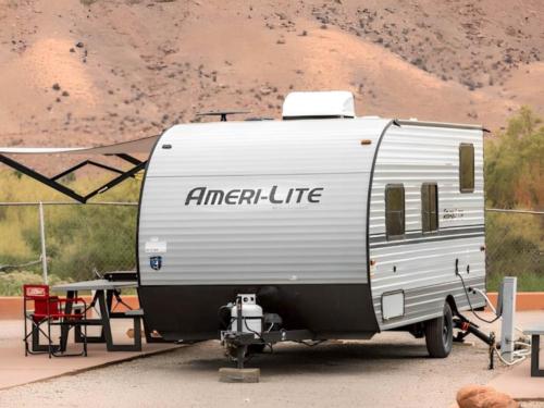 Parked trailer at site Sun Outdoors Arches Gateway