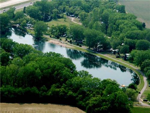 Aerial view of RV sites on the lake at LEHMAN'S LAKESIDE RV RESORT