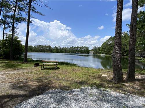 A bench and fire pit next to the lake at Lake Harmony RV Park