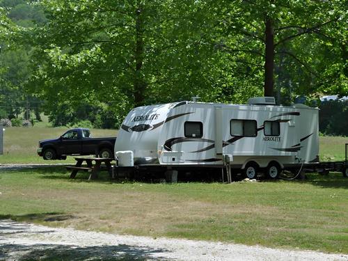 An RV parked in a grassy site
