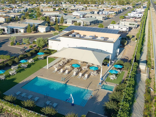 Sky view of the pool at Palm Creek Golf & RV Resort